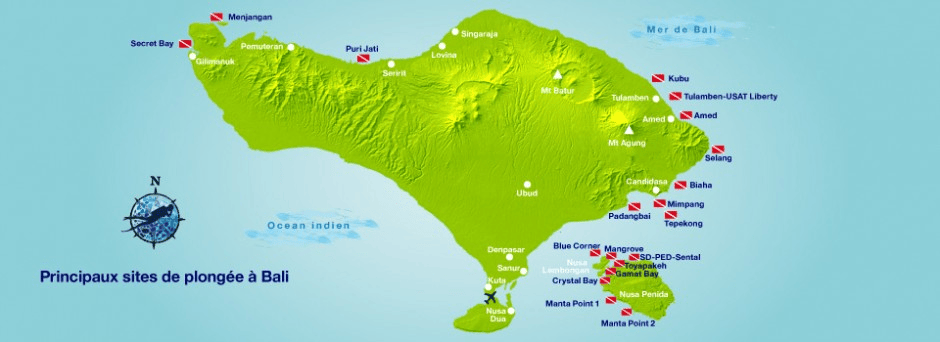Carte des principaux spots de plongée de Bali