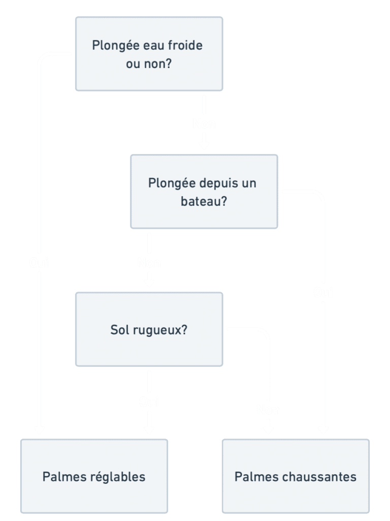 Schéma logique pour choisir le type de palmes selon la situation de plongée