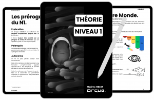 Montage photo présentant la couverture de l'e-book sur la formation théorique de plongée Niveau 1, entourée de notes de cours.