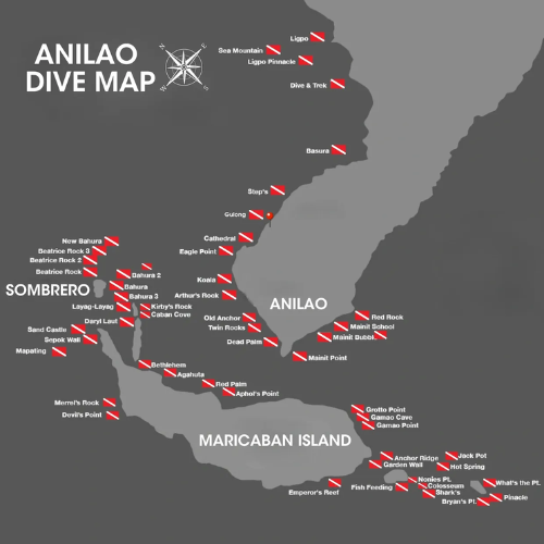 Carte détaillée des sites de plongée d’Anilao, spot réputé pour la macro et la biodiversité marine aux Philippines