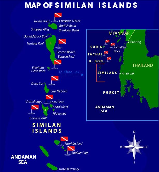 Carte des sites de plongée aux îles Similan avec localisation des spots emblématiques