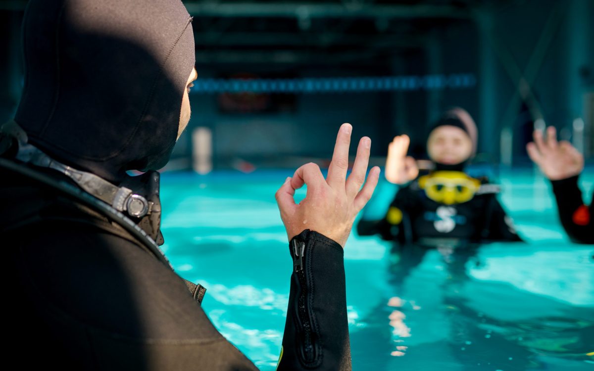 Instructeur et élèves prêts pour la plongée : Le signe 'OK' indique que tout est en ordre et que l'aventure sous-marine peut commencer.